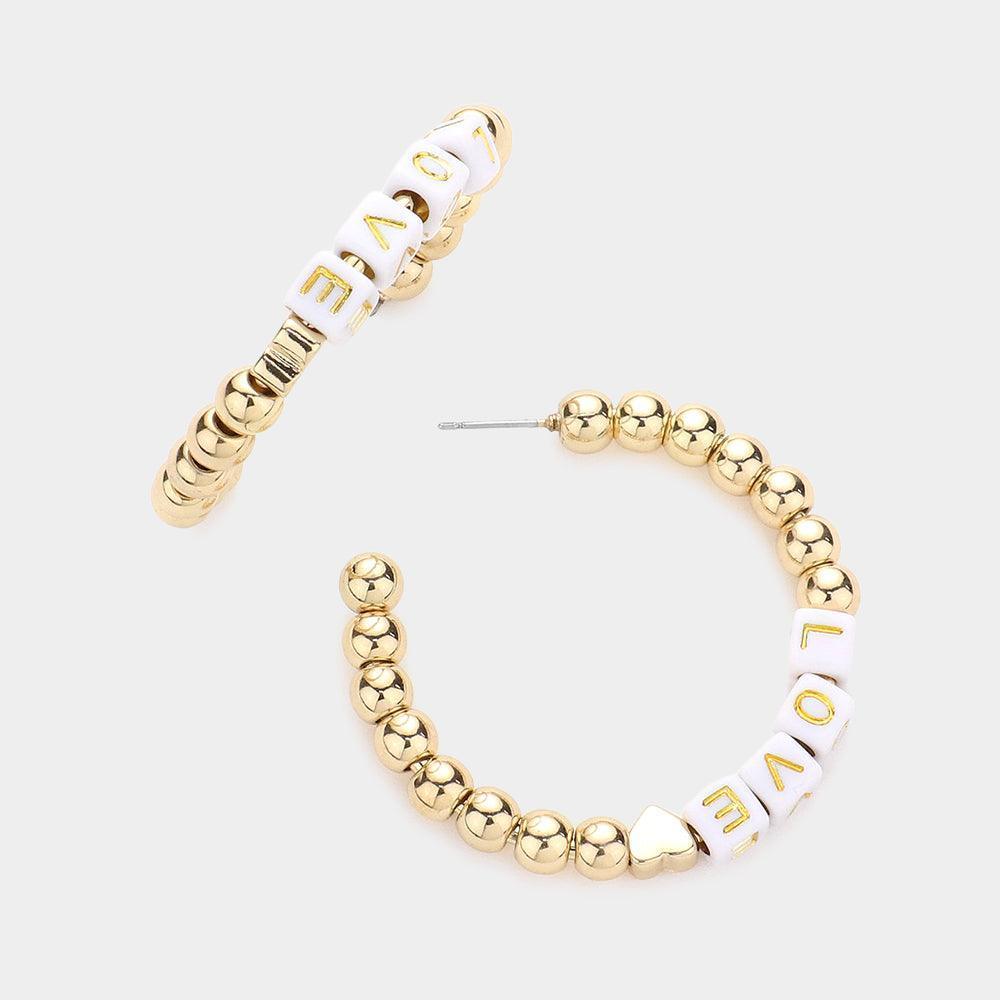 White LOVE Metal Ball Half Hoop Message Earrings - Jewelry Store by Erik Rayo