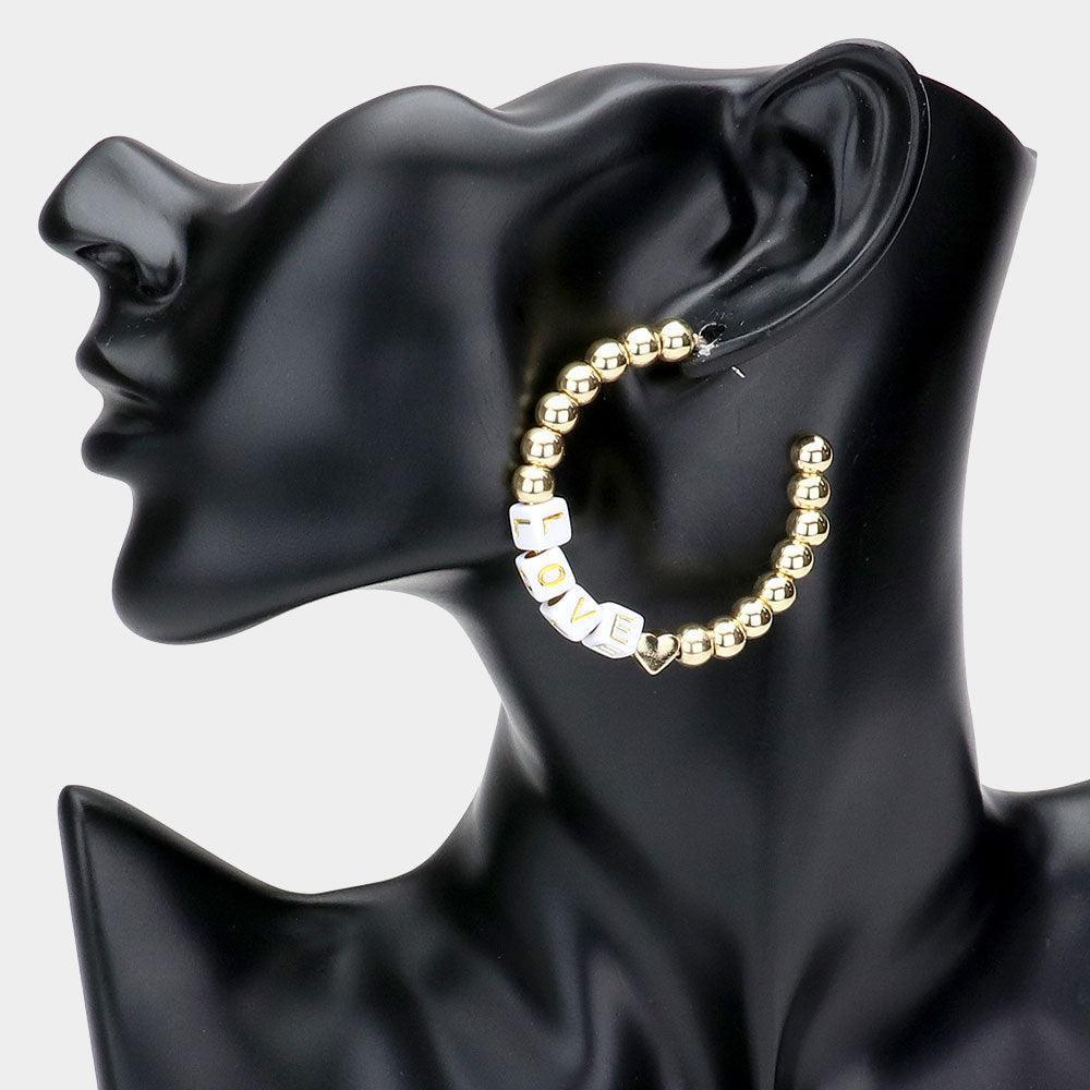 White LOVE Metal Ball Half Hoop Message Earrings - Jewelry Store by Erik Rayo