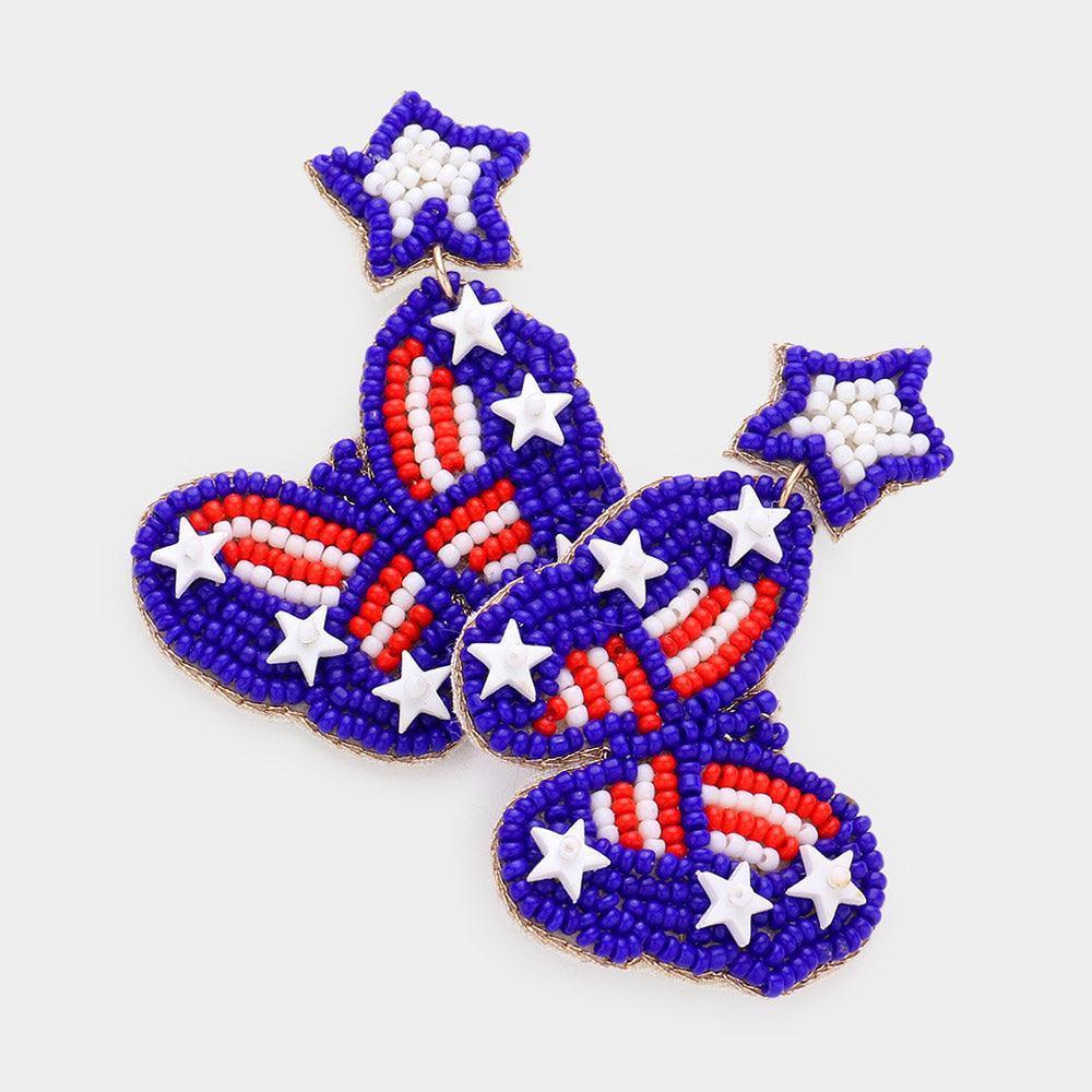 Blue Felt Back American USA Flag Seed Beaded Star Butterfly Link Dangle Earrings
