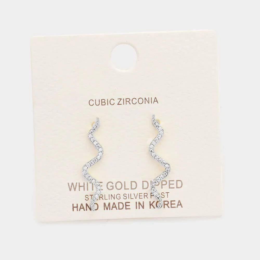 Silver White Gold Dipped Cz Snake Drop Sterling Silver Post Earrings - Jewelry Store by Erik Rayo