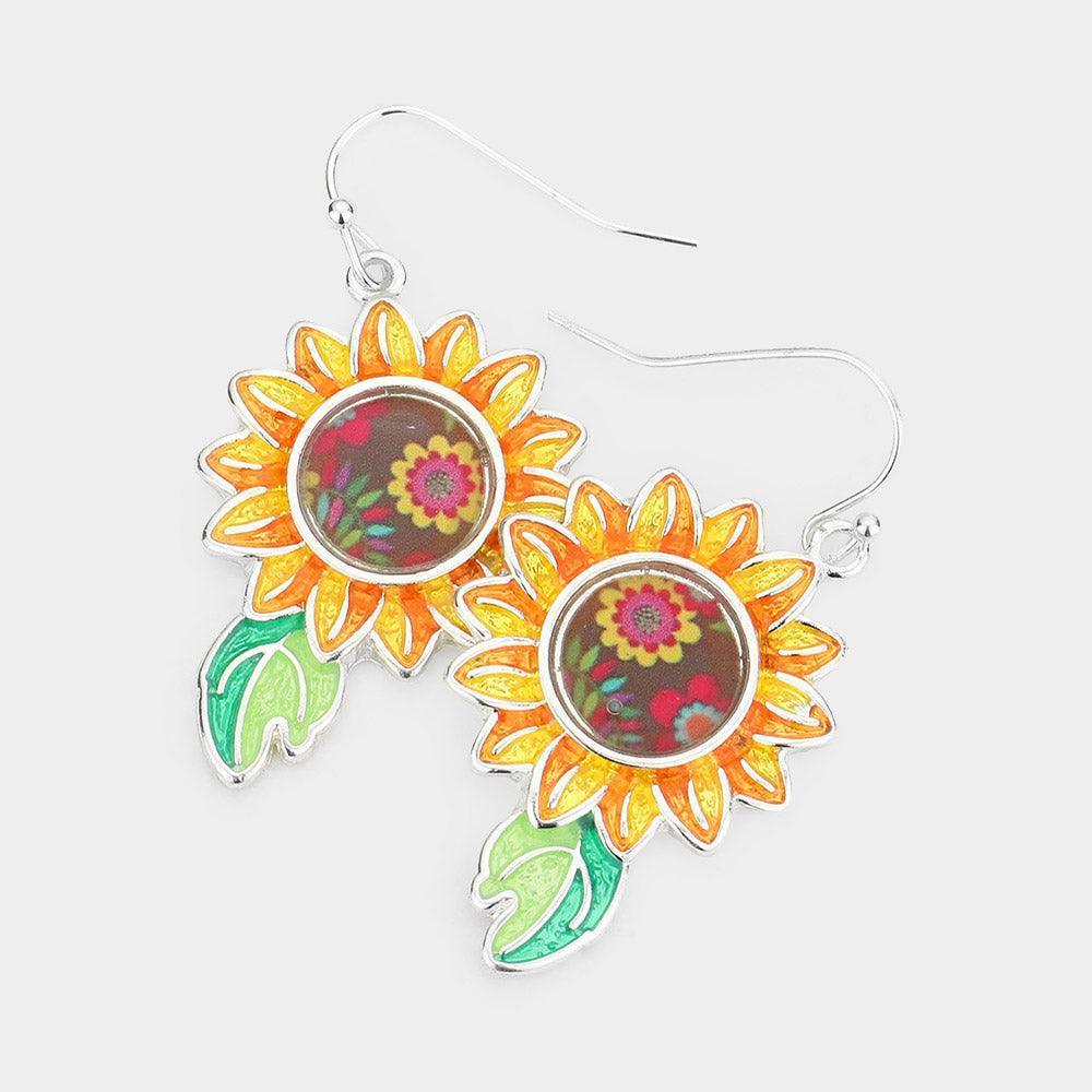Yellow Pattern Detailed Sunflower Dangle Earrings - Jewelry Store by Erik Rayo