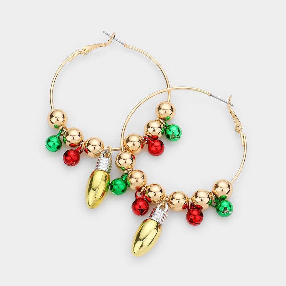 Gold Christmas Bell Bulb Charm Metal Hoop Earrings - Jewelry Store by Erik Rayo