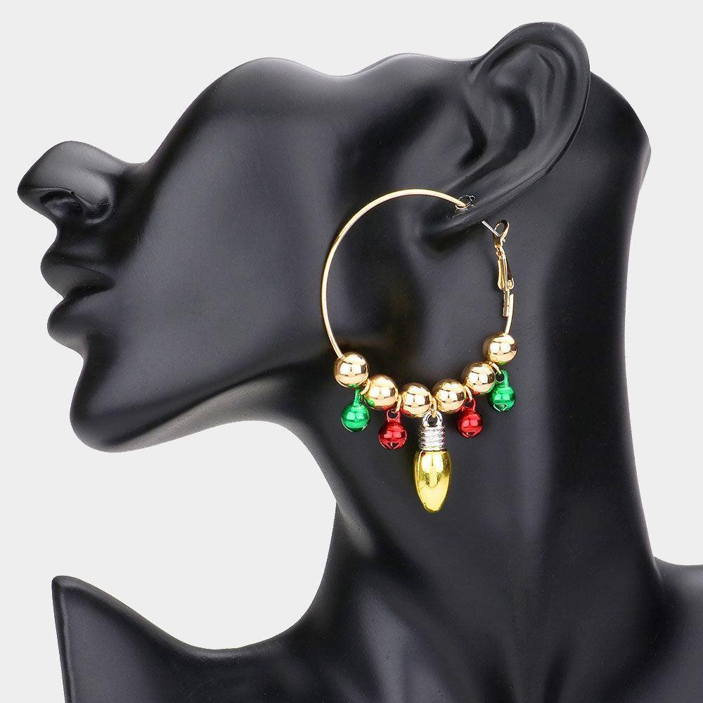 Gold Christmas Bell Bulb Charm Metal Hoop Earrings - Jewelry Store by Erik Rayo