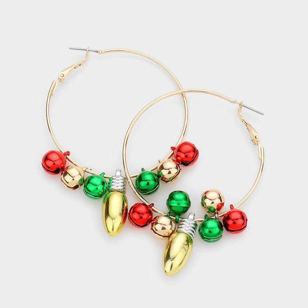 Gold Christmas Bell Bulb Charm Metal Hoop Earrings - Jewelry Store by Erik Rayo