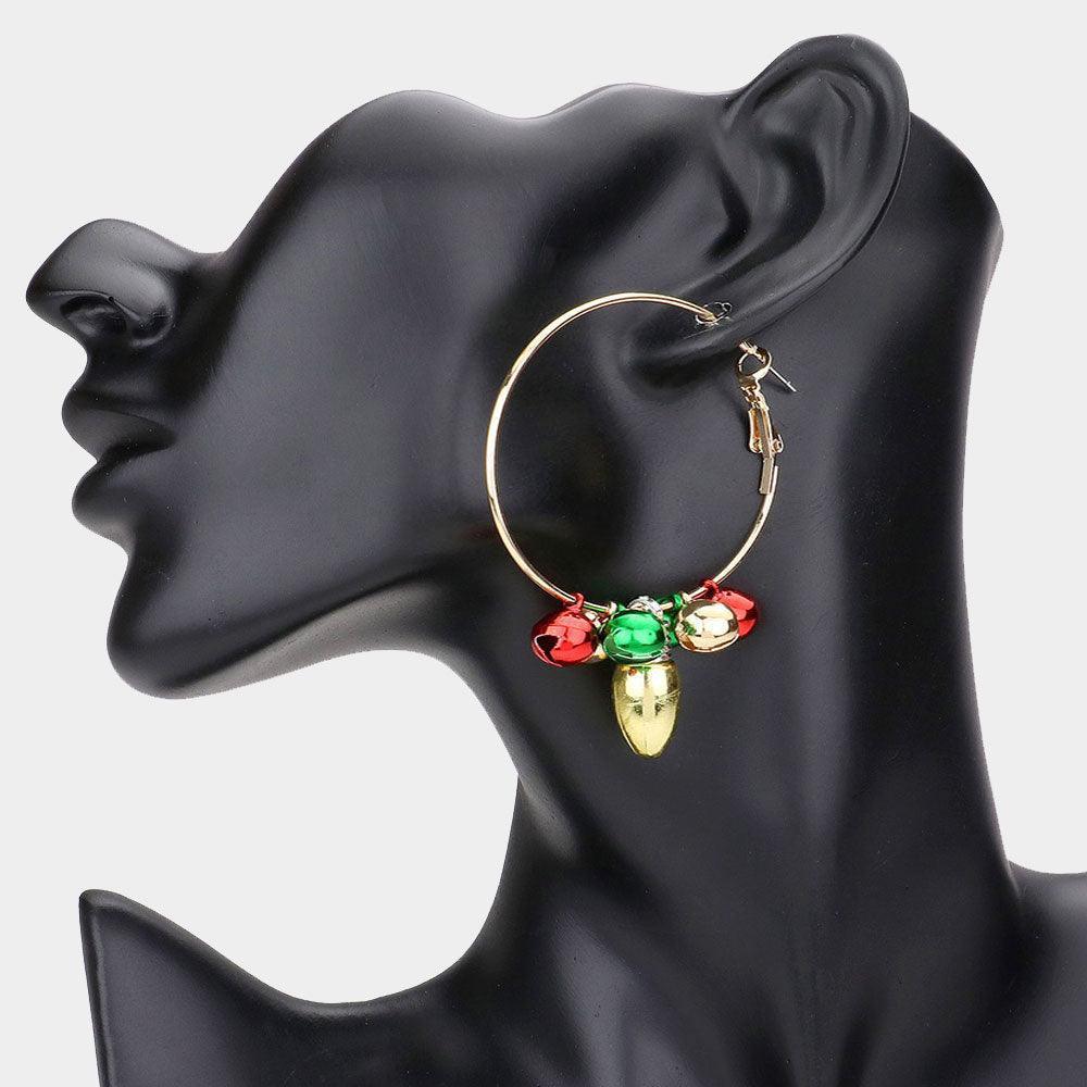 Gold Christmas Bell Bulb Charm Metal Hoop Earrings - Jewelry Store by Erik Rayo