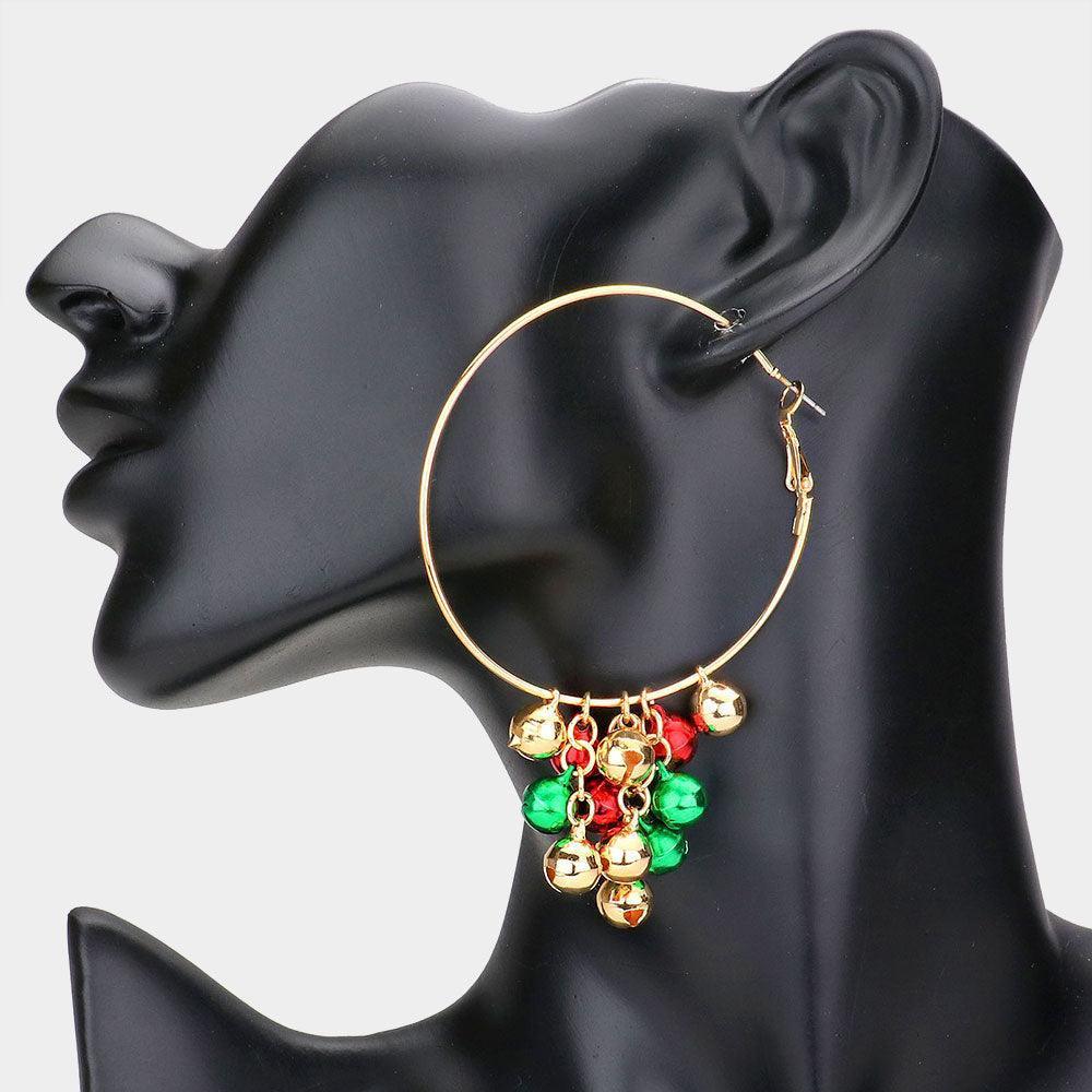 Gold Christmas Bell Charm Hoop Earrings - Jewelry Store by Erik Rayo