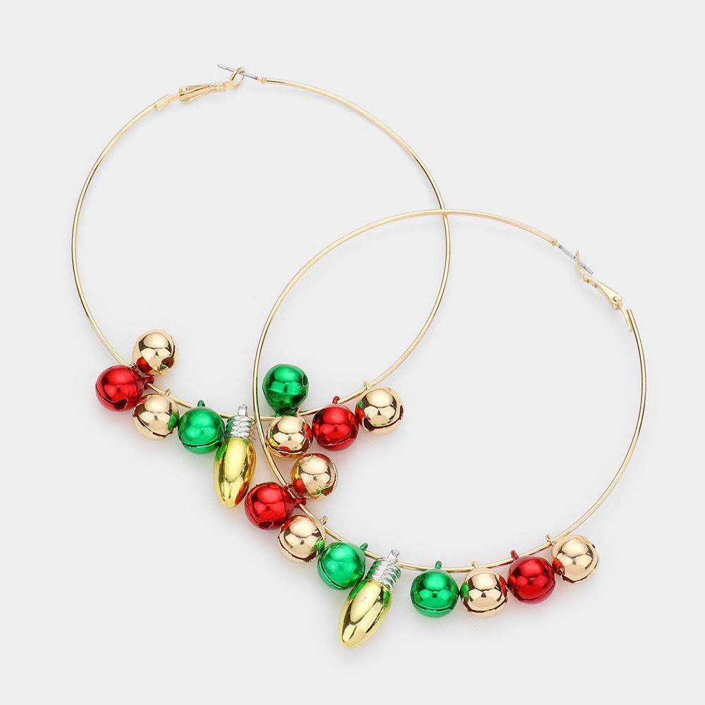 Gold Christmas Bell Bulb Charm Metal Hoop Earrings - Jewelry Store by Erik Rayo