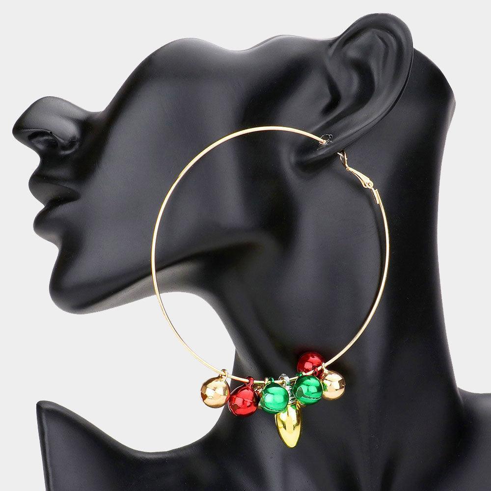 Gold Christmas Bell Bulb Charm Metal Hoop Earrings - Jewelry Store by Erik Rayo