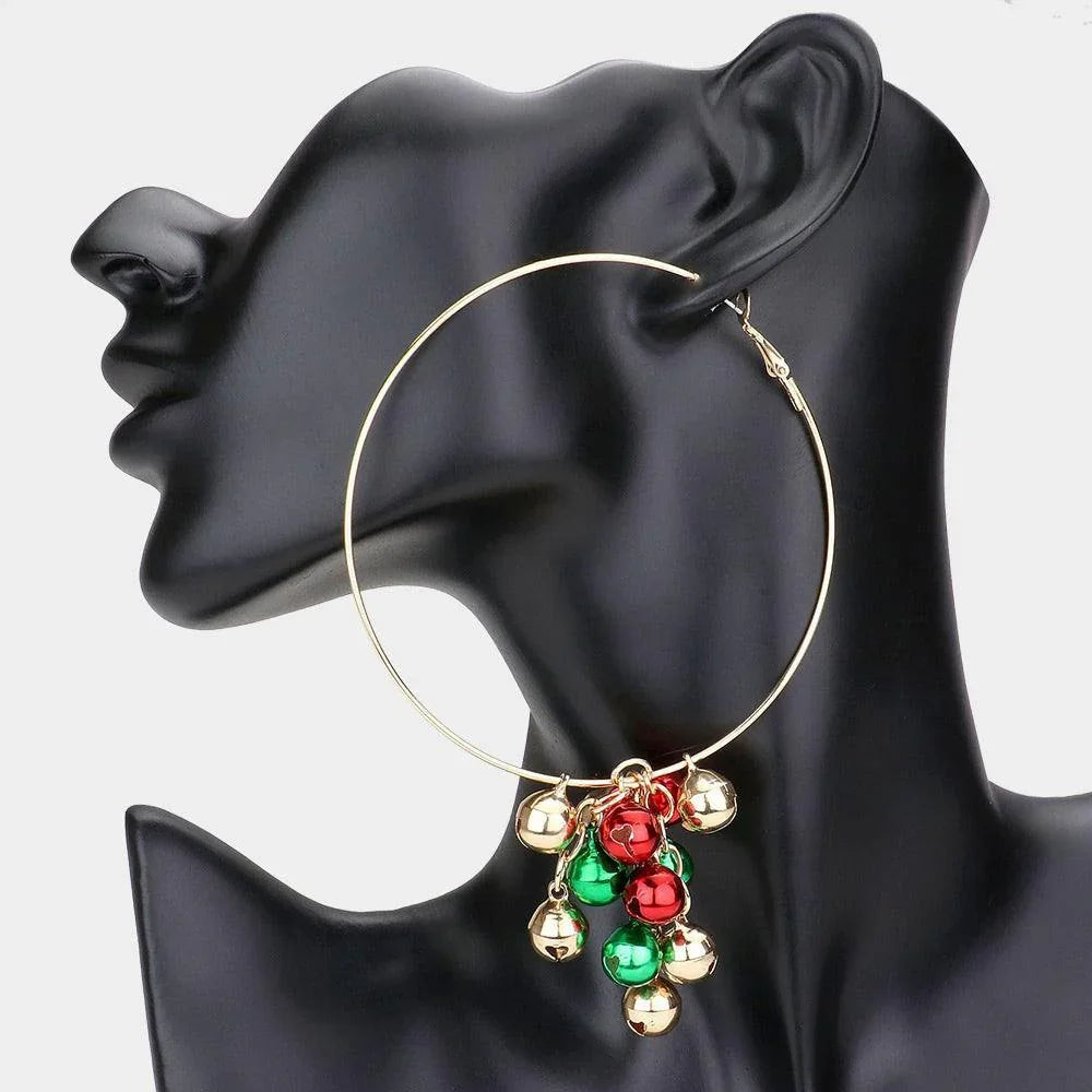 Gold Oversized Christmas Bell Metal Hoop Earrings - Jewelry Store by Erik Rayo