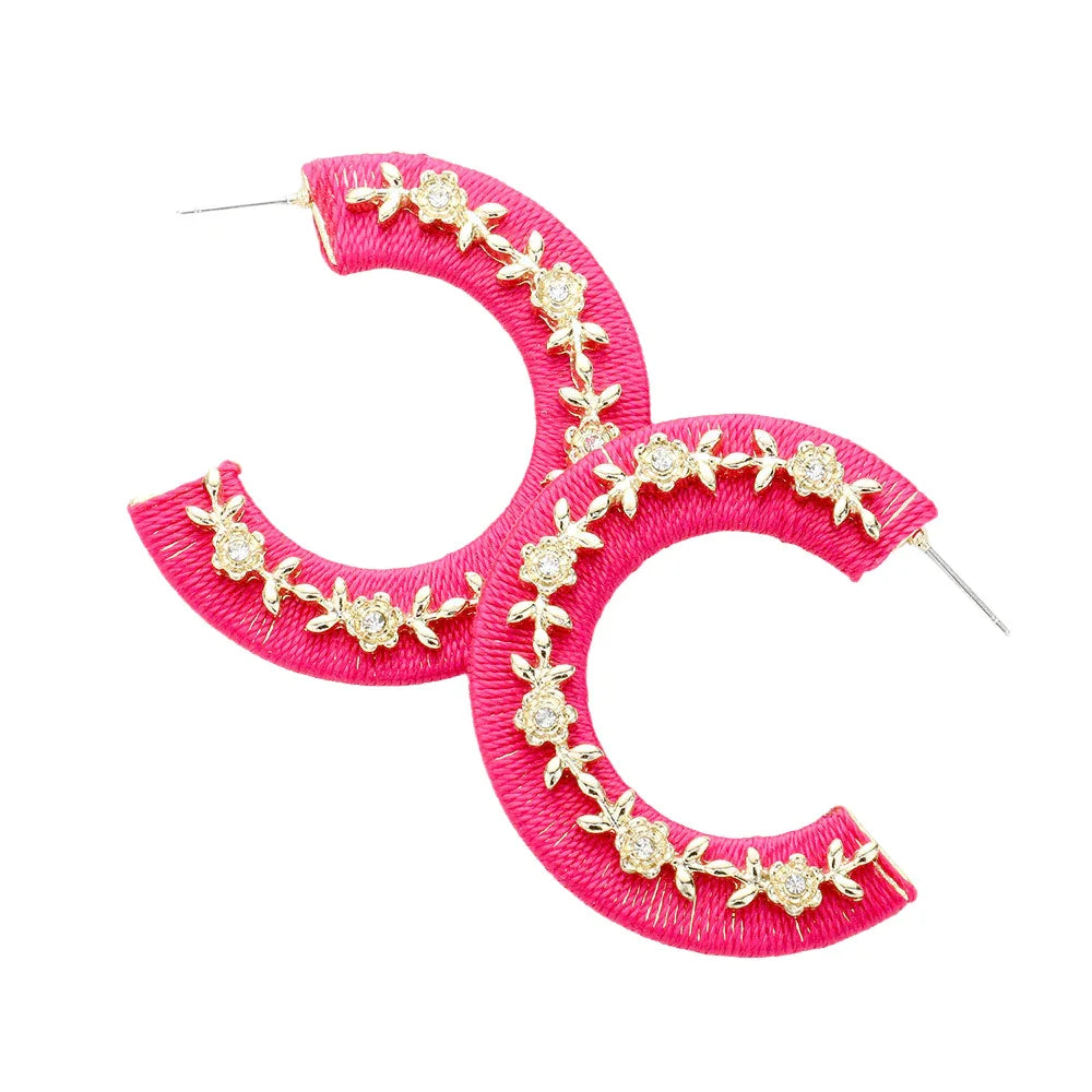 Gold Thread Wrapped Rhinestone Flower Embellished Hoop Earrings - Jewelry Store by Erik Rayo