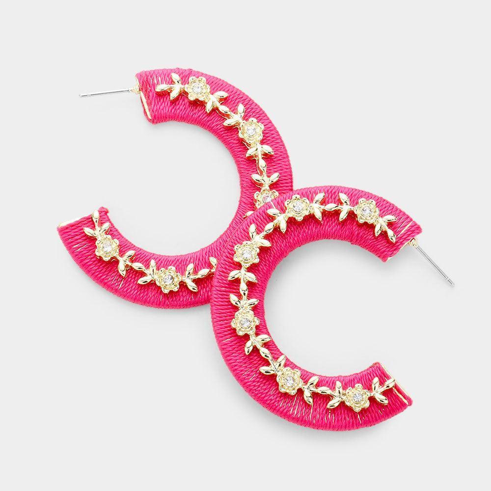 Gold Thread Wrapped Rhinestone Flower Embellished Hoop Earrings - Jewelry Store by Erik Rayo
