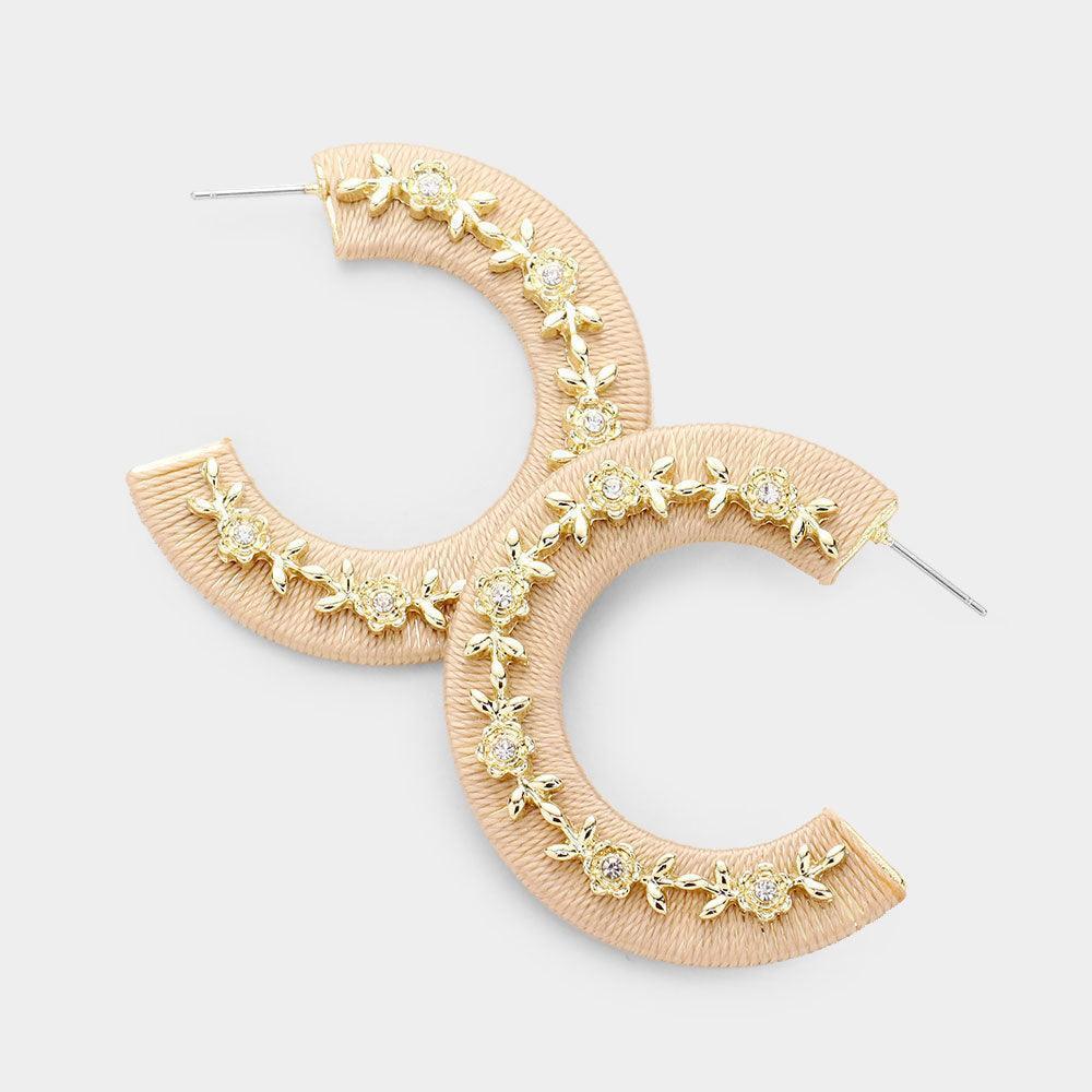 Gold Thread Wrapped Rhinestone Flower Embellished Hoop Earrings - Jewelry Store by Erik Rayo