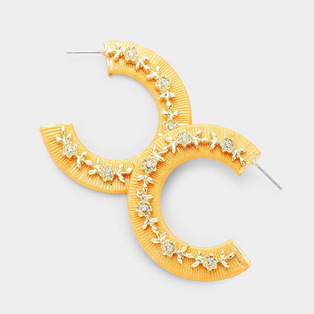 Mustard Thread Wrapped Rhinestone Flower Embellished Hoop Earrings - Jewelry Store by Erik Rayo