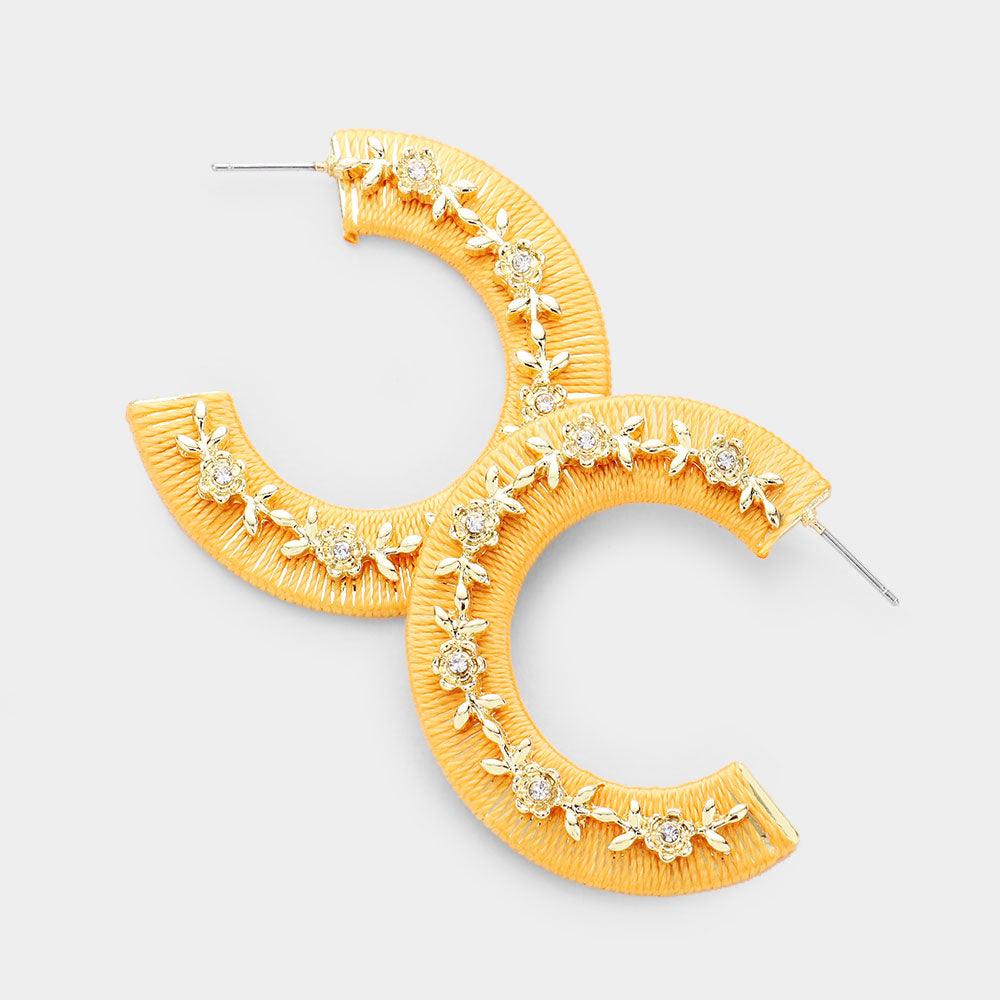 Mustard Thread Wrapped Rhinestone Flower Embellished Hoop Earrings