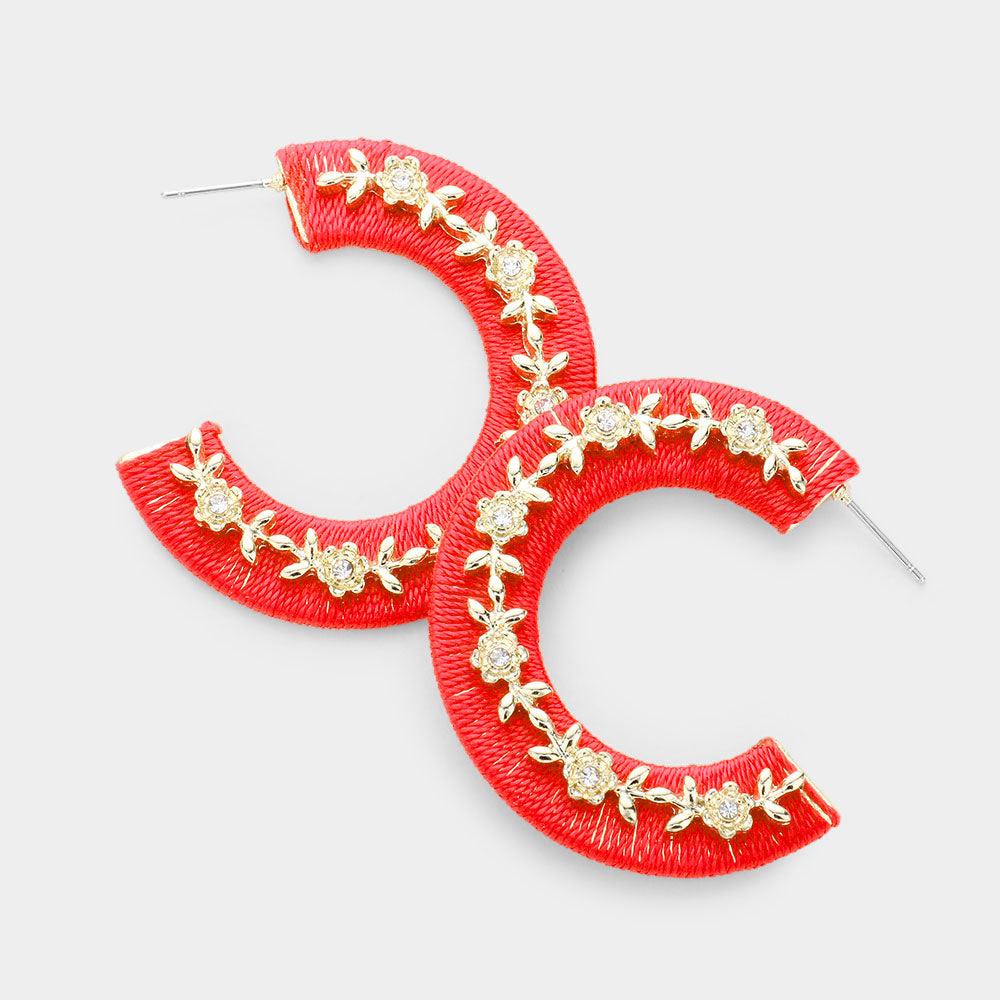 Red Thread Wrapped Rhinestone Flower Embellished Hoop Earrings