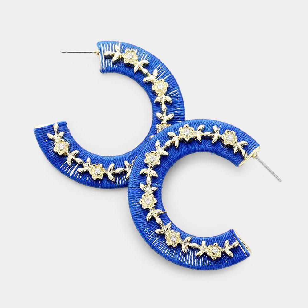 Gold Thread Wrapped Rhinestone Flower Embellished Hoop Earrings - Jewelry Store by Erik Rayo