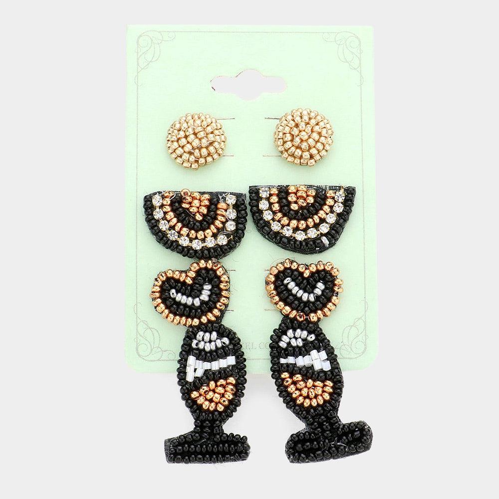 3Pairs - Felt Back Seed Beaded Champagne Stud Earrings - Jewelry Store by Erik Rayo