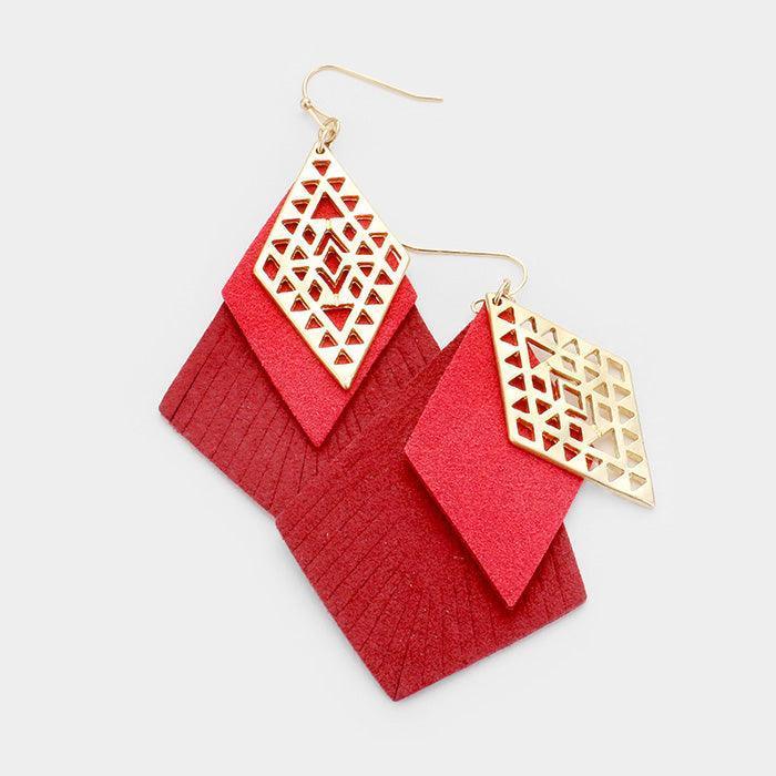 Red Layered Cut Leather Metal Filigree Earrings - Jewelry Store by Erik Rayo