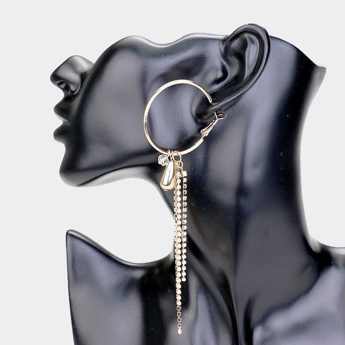 Gold Metal Flower Rhinestone Pave Tassel Hoop Earrings - Jewelry Store by Erik Rayo