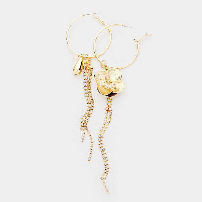 Gold Metal Flower Rhinestone Pave Tassel Hoop Earrings - Jewelry Store by Erik Rayo