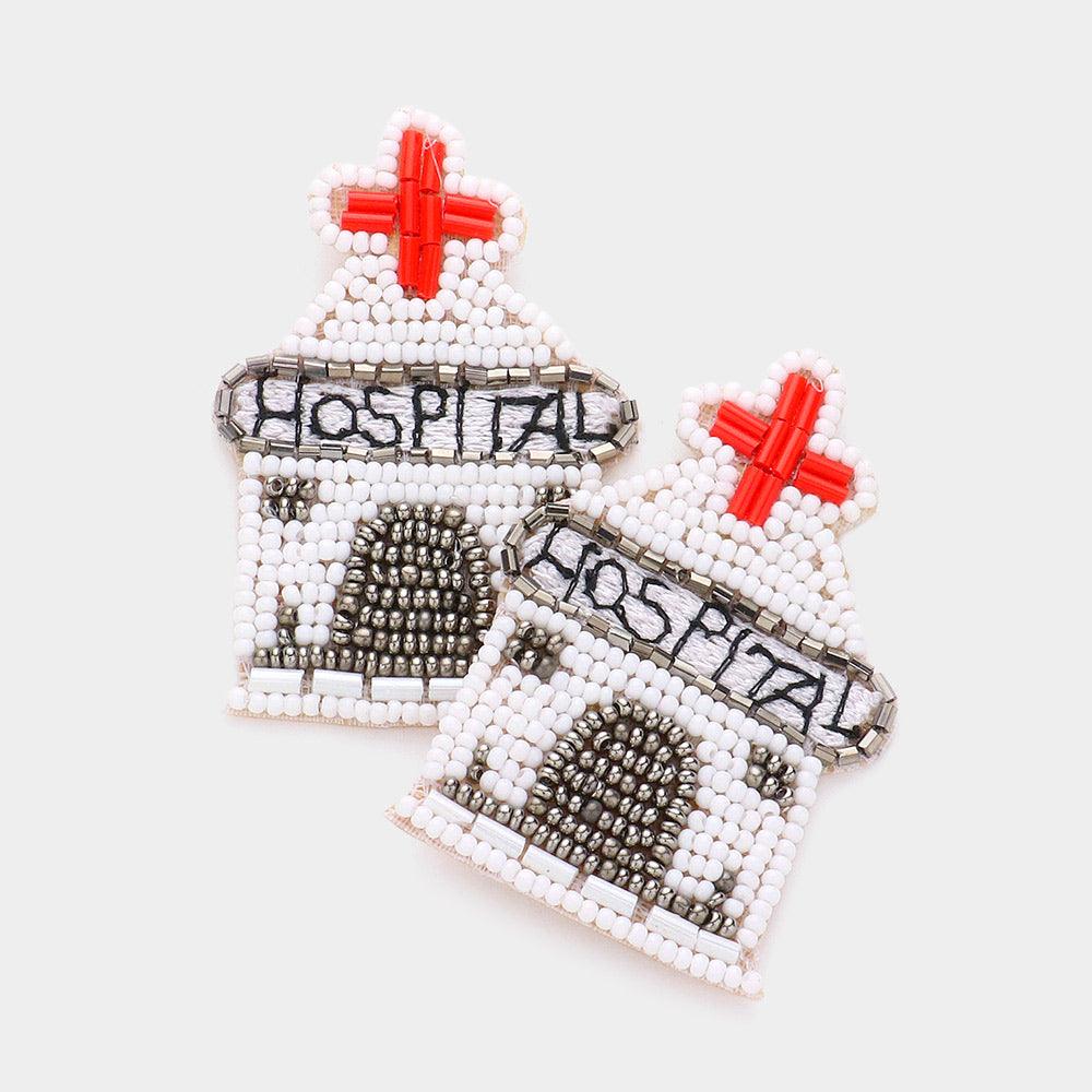 White Felt Back Seed Beaded Hospital Dangle Earrings