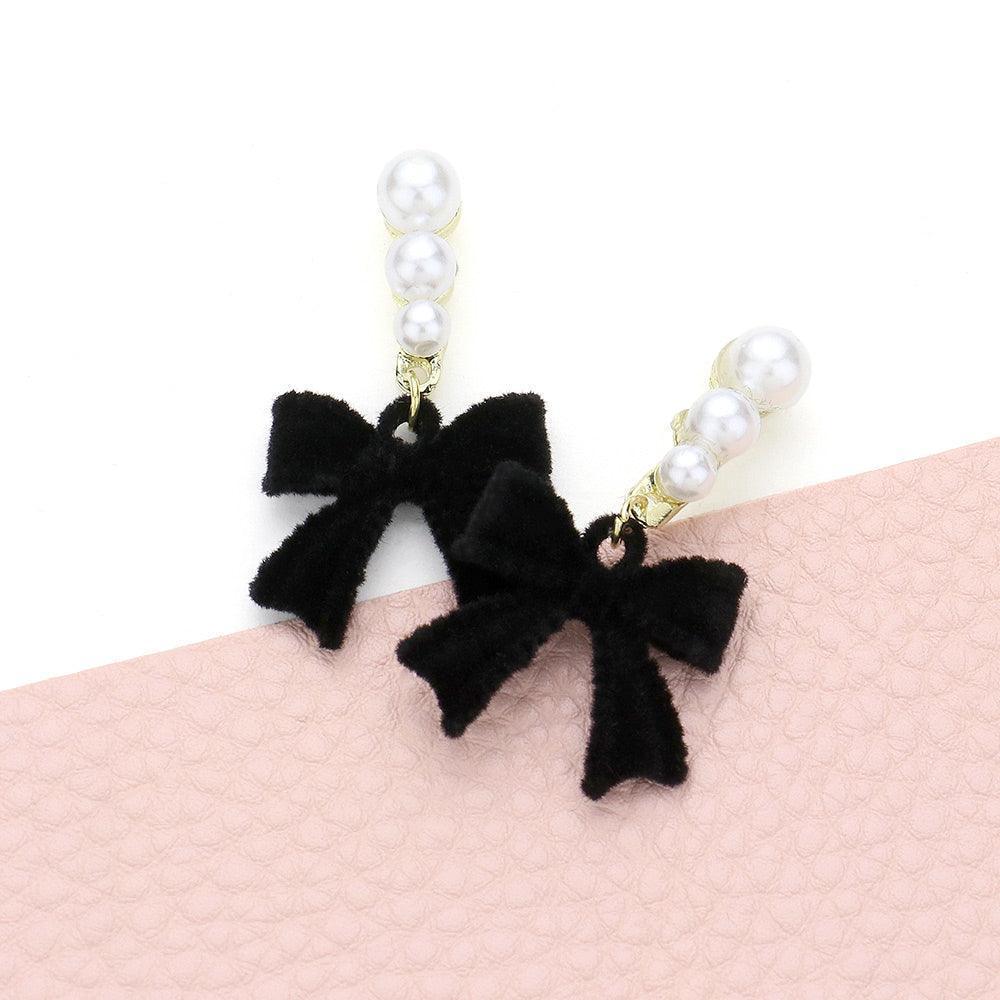 Cream Pearl Accented Fuzzy Bow Dangle Earrings - Jewelry Store by Erik Rayo