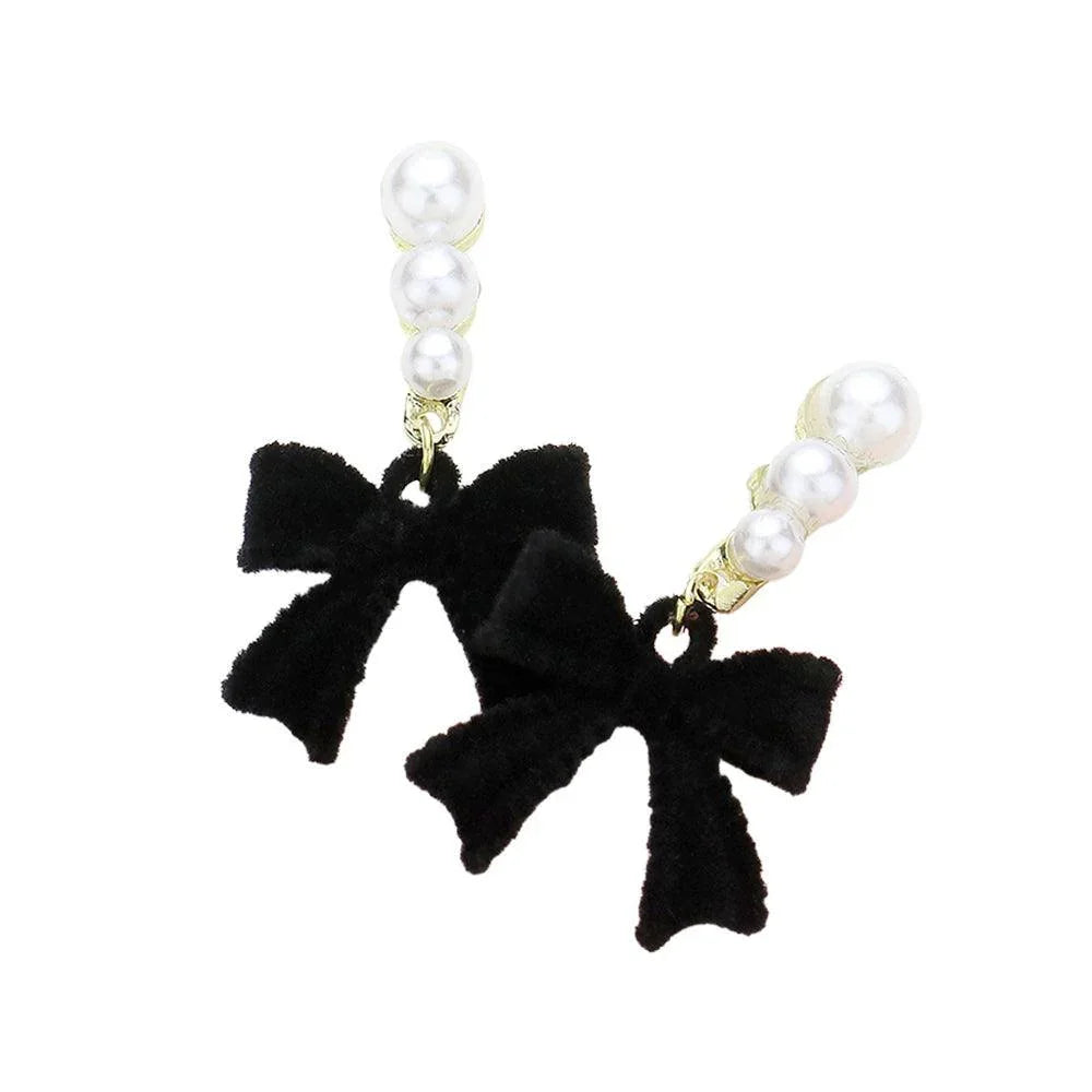 Cream Pearl Accented Fuzzy Bow Dangle Earrings - Jewelry Store by Erik Rayo