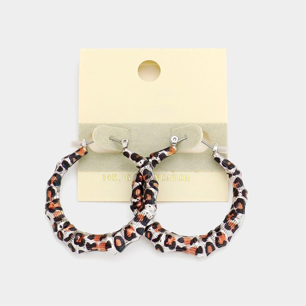 Leopard Printed Metal Bamboo Hoop Pin Catch Earrings - Jewelry Store by Erik Rayo