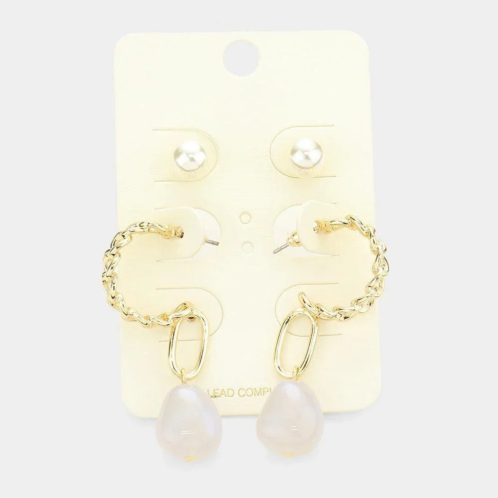 Gold 3Pairs - Pearl Metal Chain Half Hoop Abstract Bead Earrings - Jewelry Store by Erik Rayo