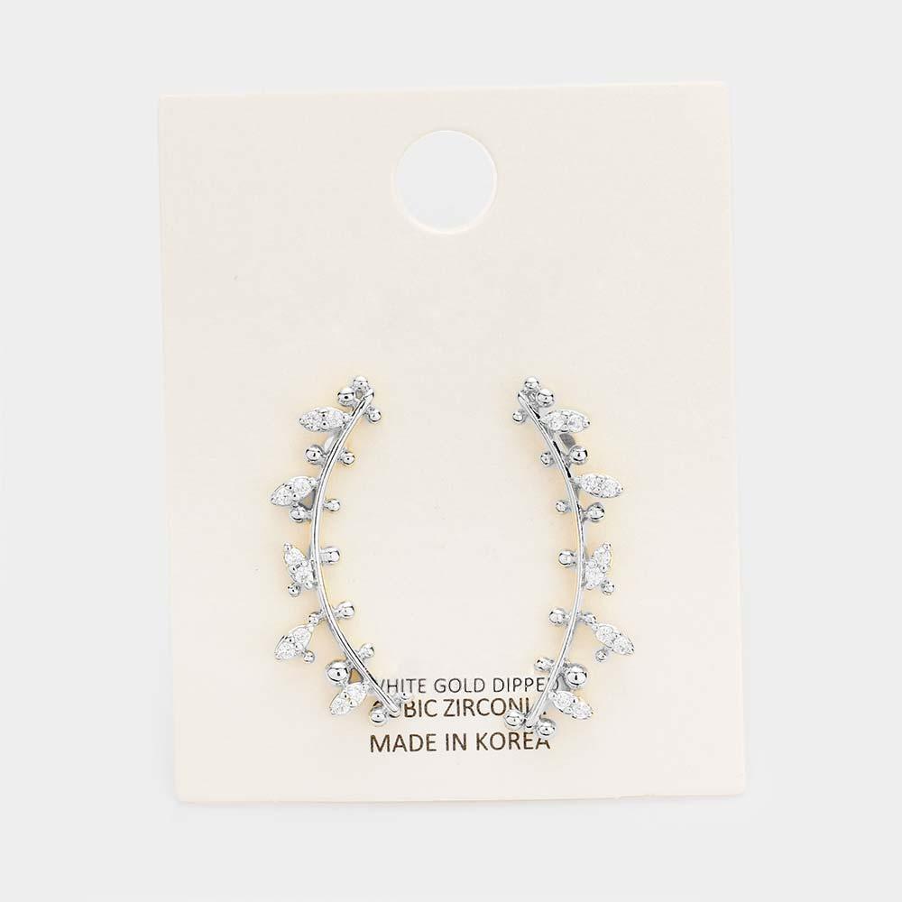 Gold White Gold Dipped Cubic Zirconia Floral Sprout Drop Earrings - Jewelry Store by Erik Rayo