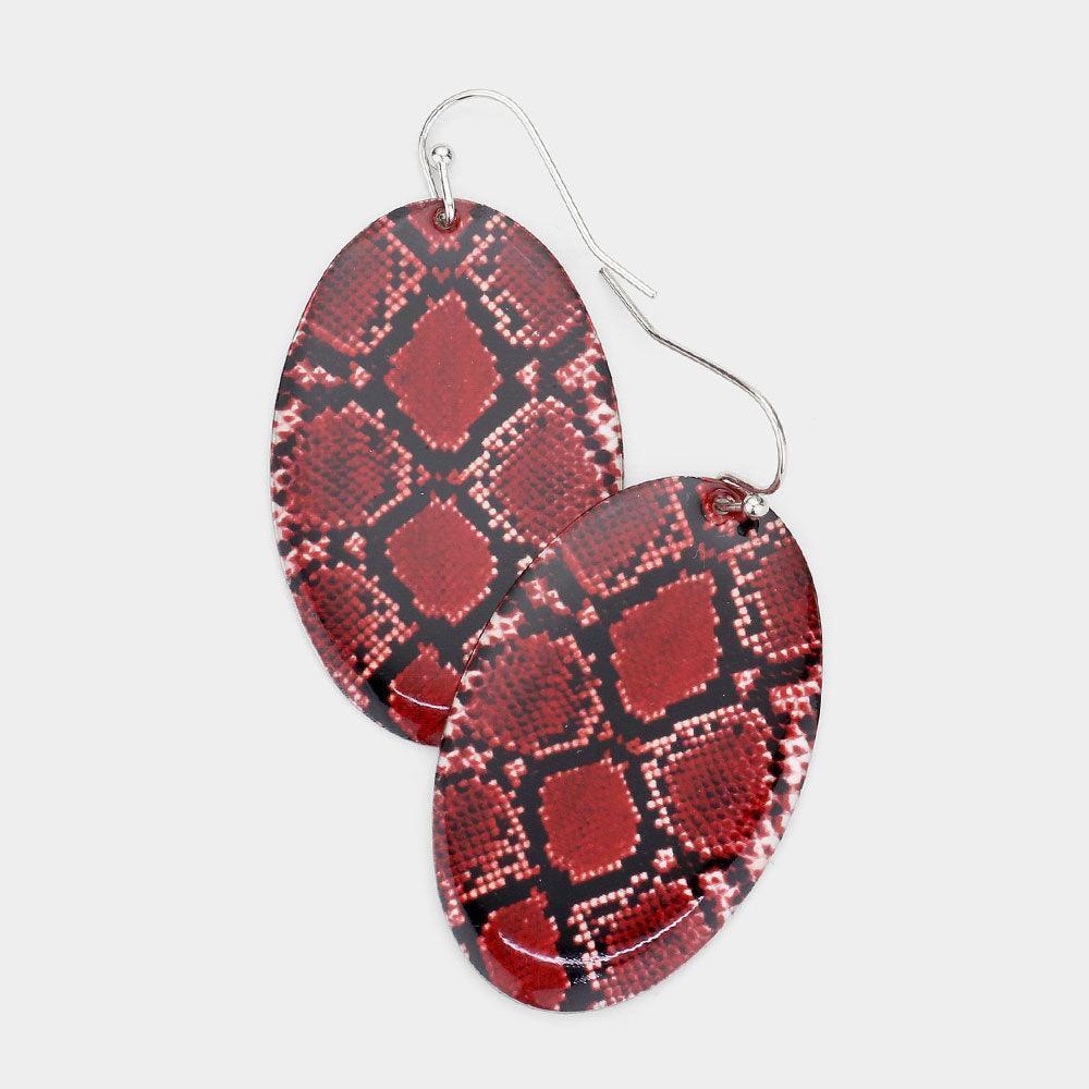 Red Snake Skin Patterned Metal Oval Dangle Earrings - Jewelry Store by Erik Rayo