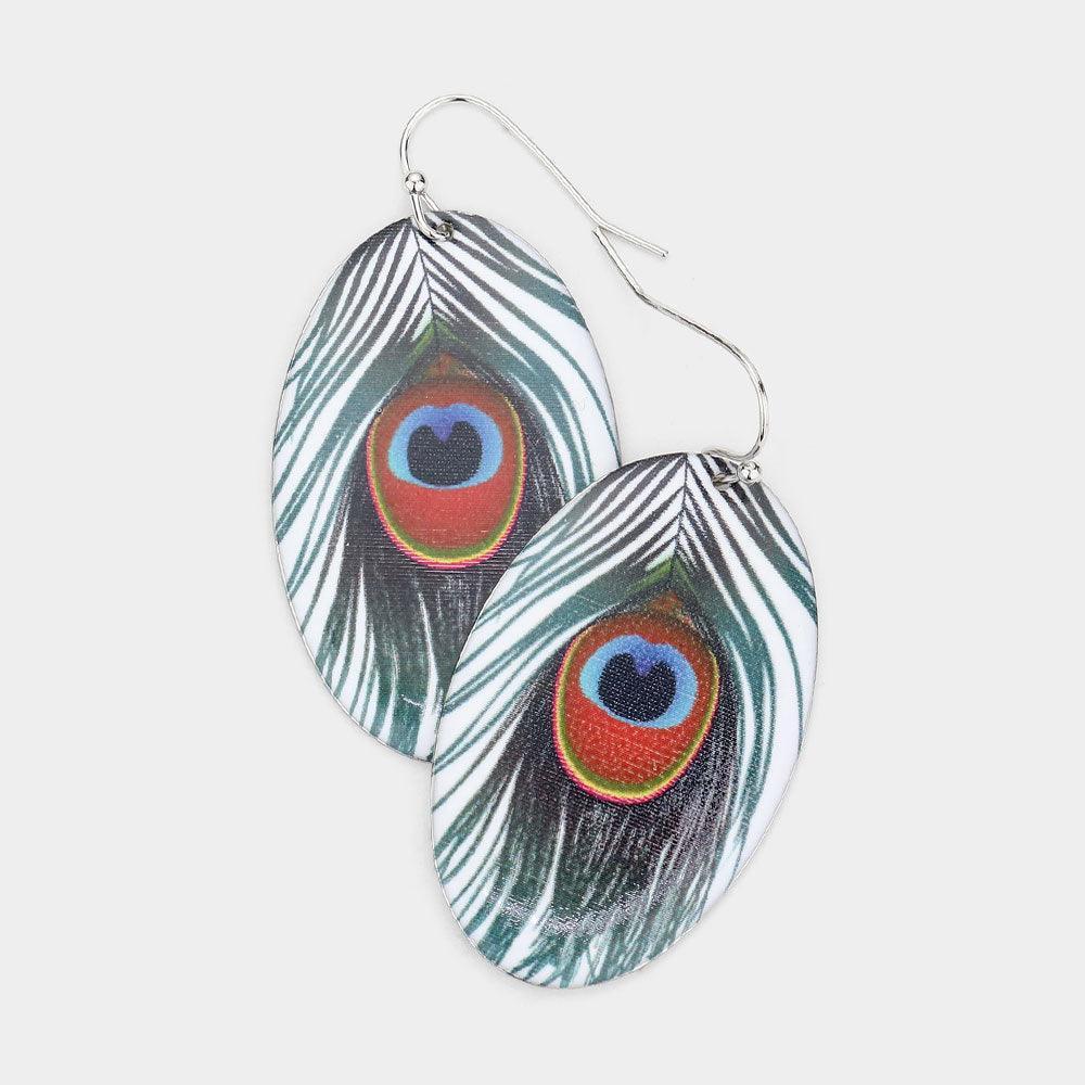 White Feather Printed Metal Oval Dangle Earrings - Jewelry Store by Erik Rayo