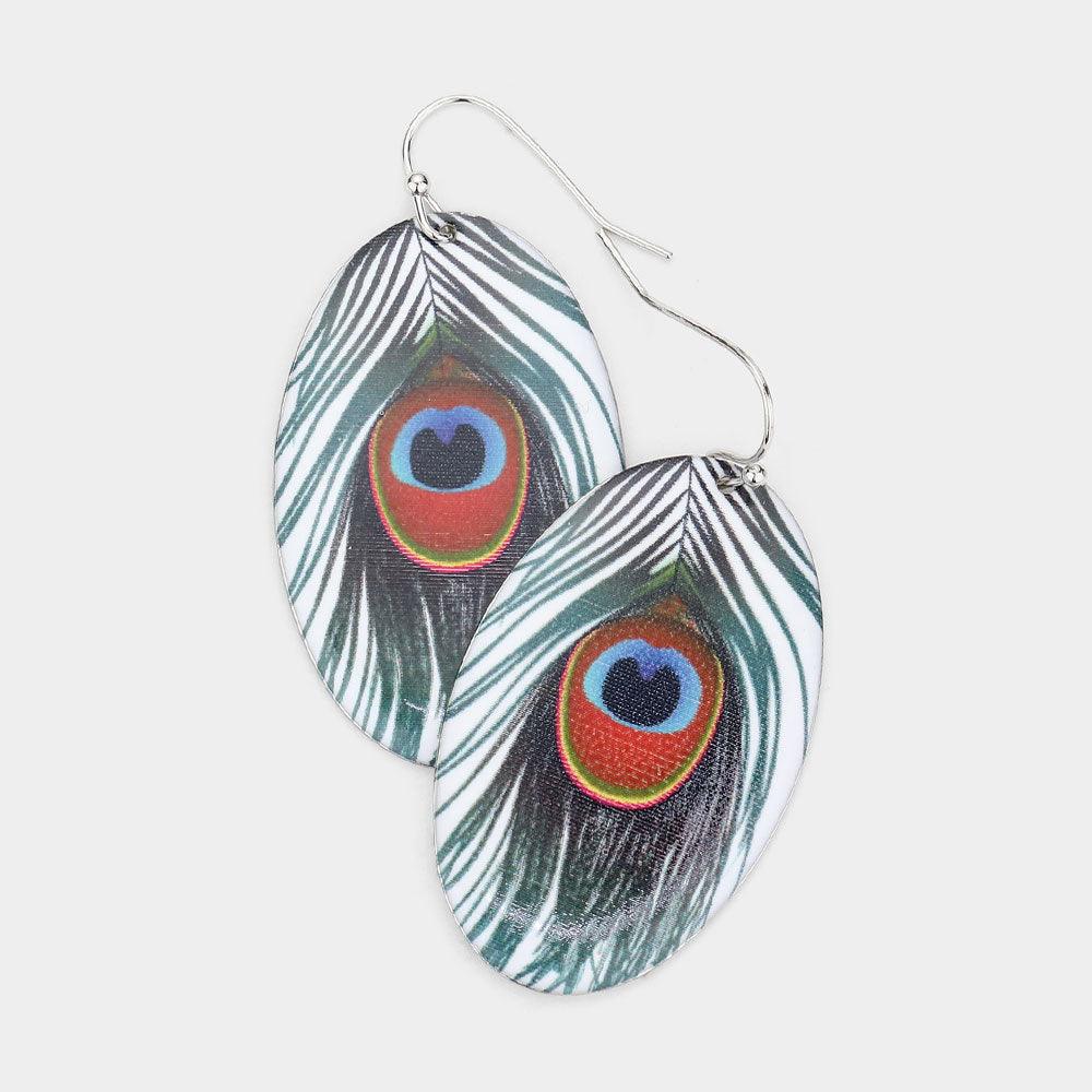 White Feather Printed Metal Oval Dangle Earrings