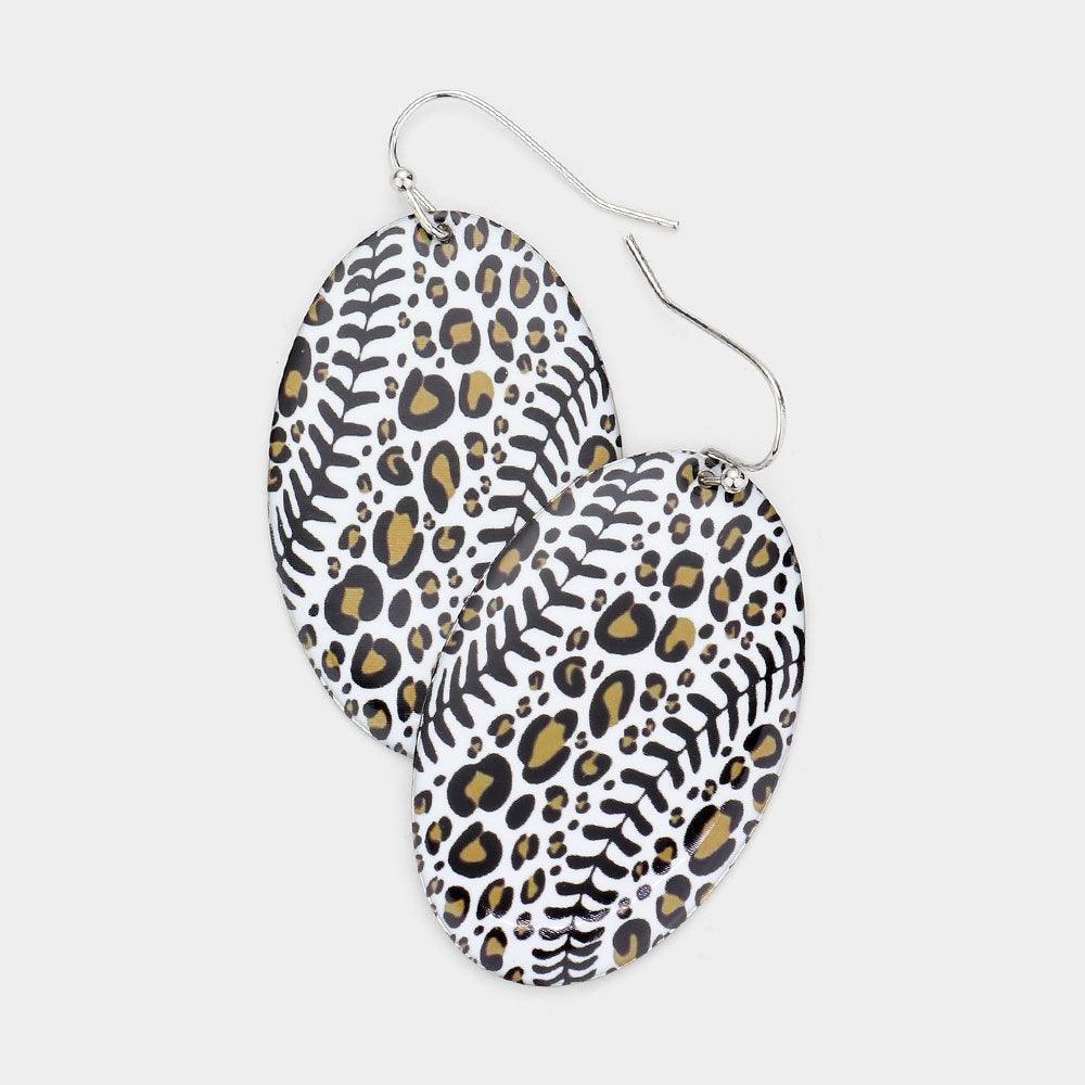 Leopard Patterned Metal Oval Dangle Earrings - Jewelry Store by Erik Rayo