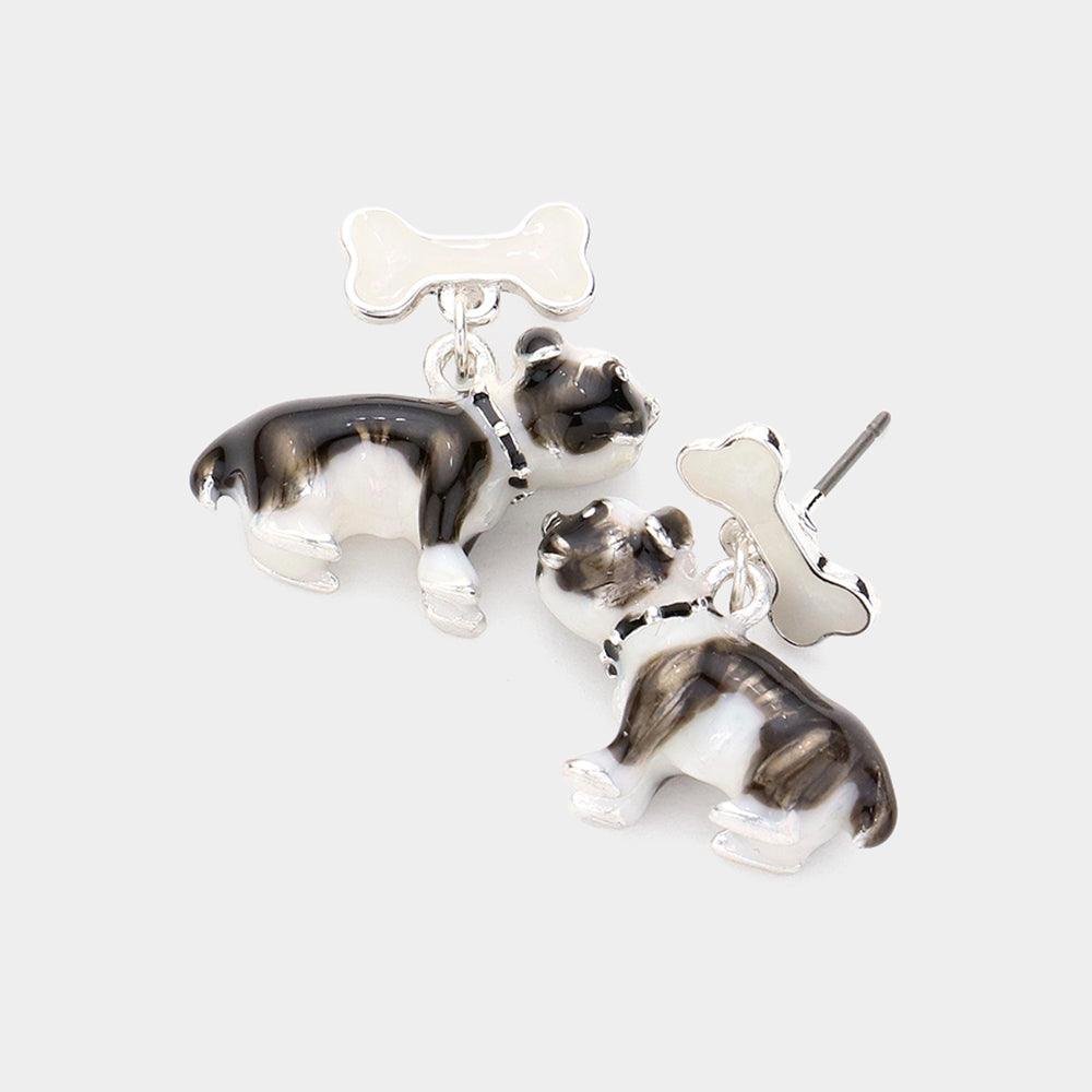 White Enamel Dog Dangle Earrings