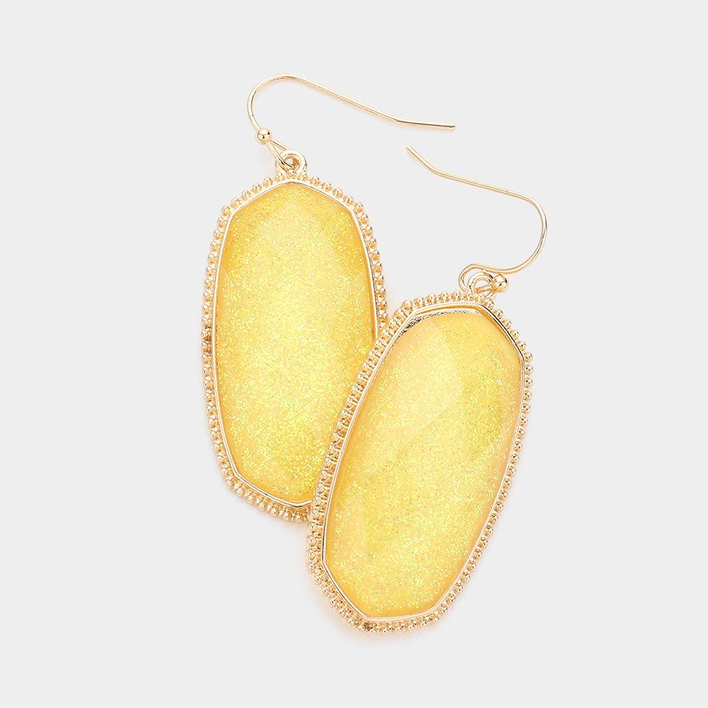 Yellow Glittered Hexagon Dangle Earrings