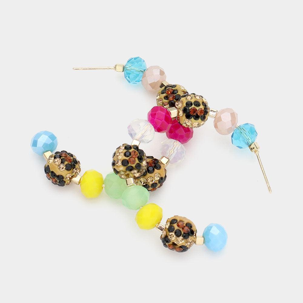 Leopard Patterned Shamballa Ball Faceted Bead Half Hoop Earrings - Jewelry Store by Erik Rayo