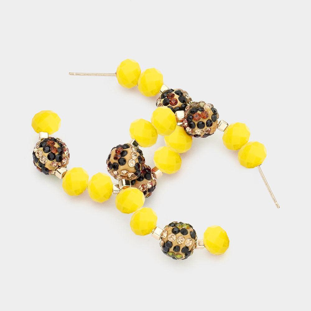 Yellow Leopard Patterned Shamballa Ball Faceted Bead Half Hoop Earrings - Jewelry Store by Erik Rayo