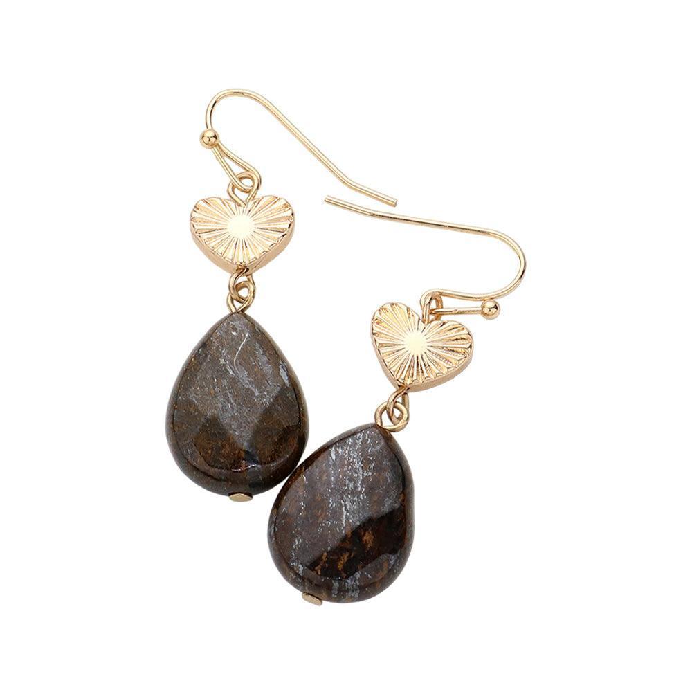 Bronze Metal Heart Teardrop Natural Stone Link Dangle Earrings - Jewelry Store by Erik Rayo