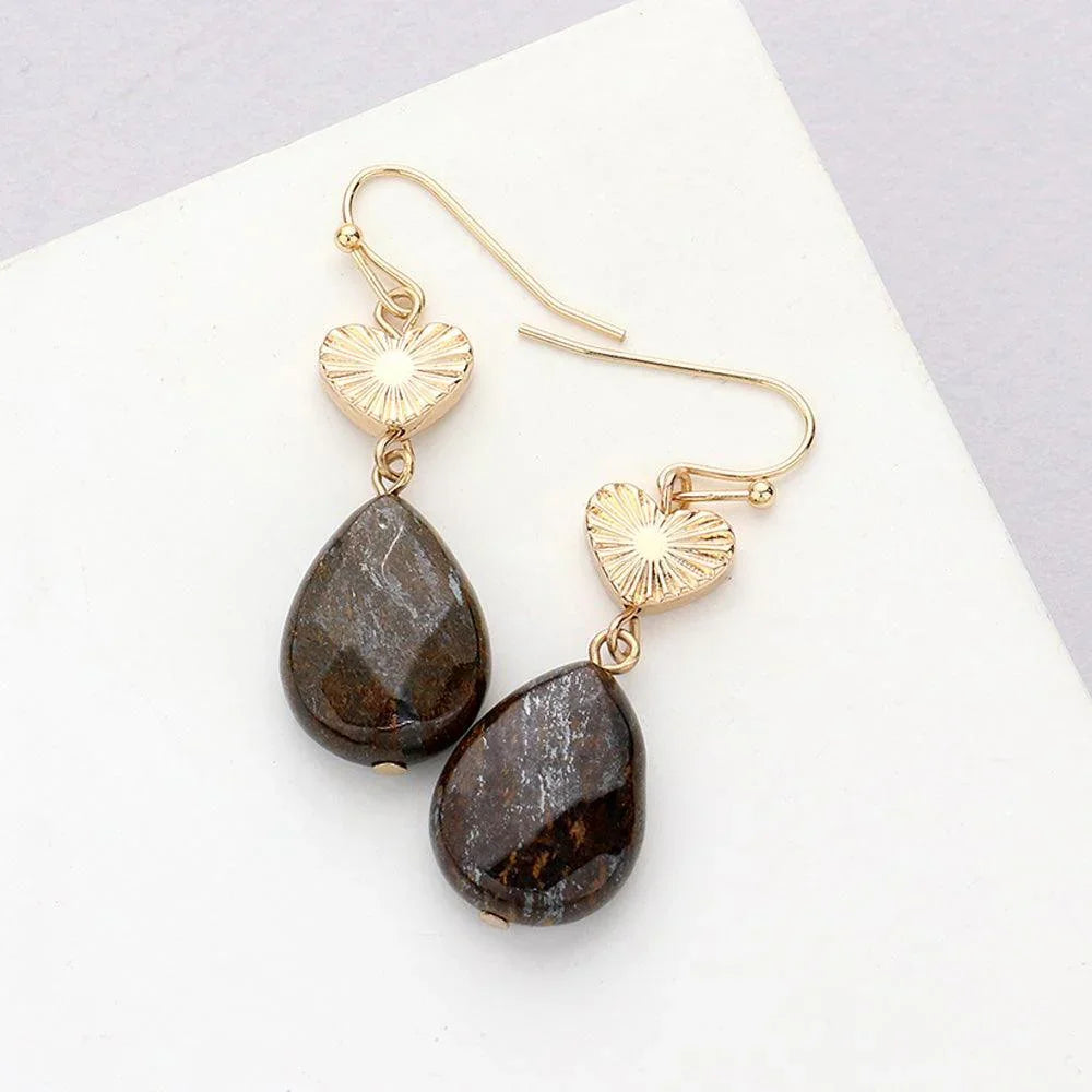 Bronze Metal Heart Teardrop Natural Stone Link Dangle Earrings - Jewelry Store by Erik Rayo