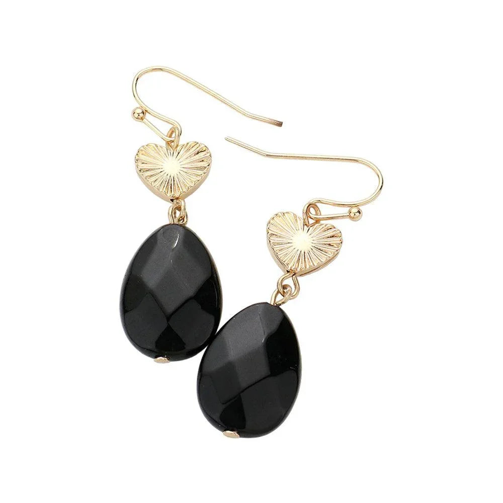 Black Metal Heart Teardrop Natural Stone Link Dangle Earrings - Jewelry Store by Erik Rayo