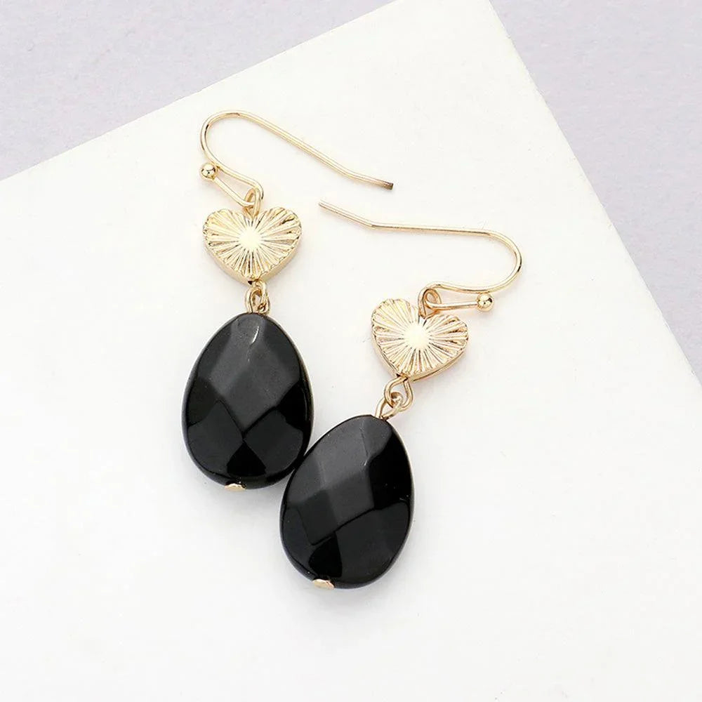 Black Metal Heart Teardrop Natural Stone Link Dangle Earrings - Jewelry Store by Erik Rayo