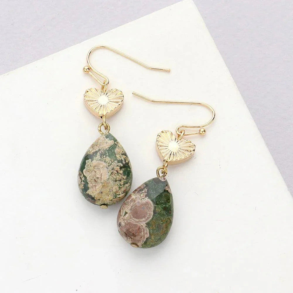 Beige Metal Heart Teardrop Natural Stone Link Dangle Earrings - Jewelry Store by Erik Rayo