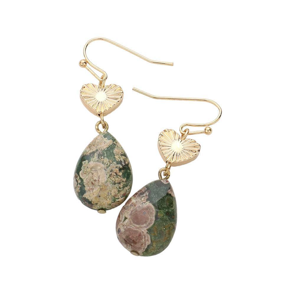 Beige Metal Heart Teardrop Natural Stone Link Dangle Earrings - Jewelry Store by Erik Rayo