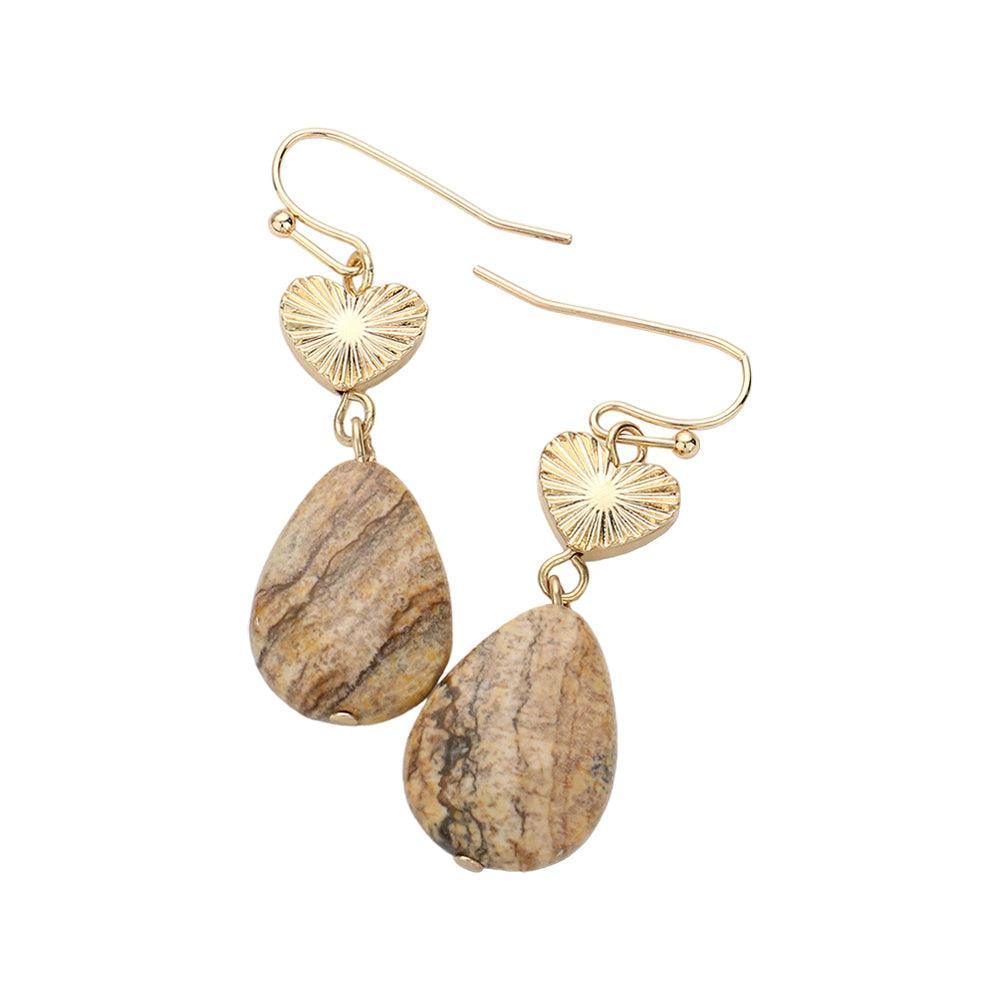 Brown Metal Heart Teardrop Natural Stone Link Dangle Earrings - Jewelry Store by Erik Rayo