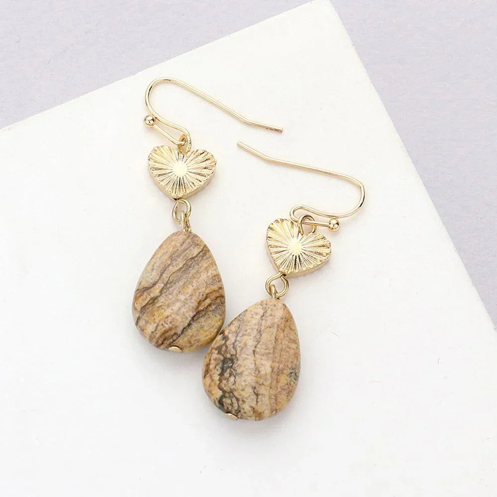 Brown Metal Heart Teardrop Natural Stone Link Dangle Earrings - Jewelry Store by Erik Rayo