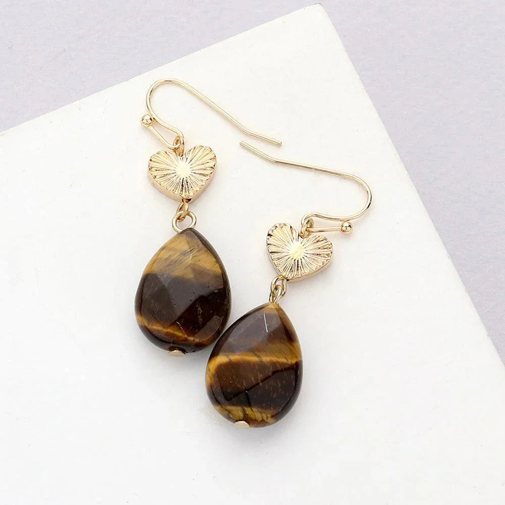 Brown Metal Heart Teardrop Natural Stone Link Dangle Earrings - Jewelry Store by Erik Rayo