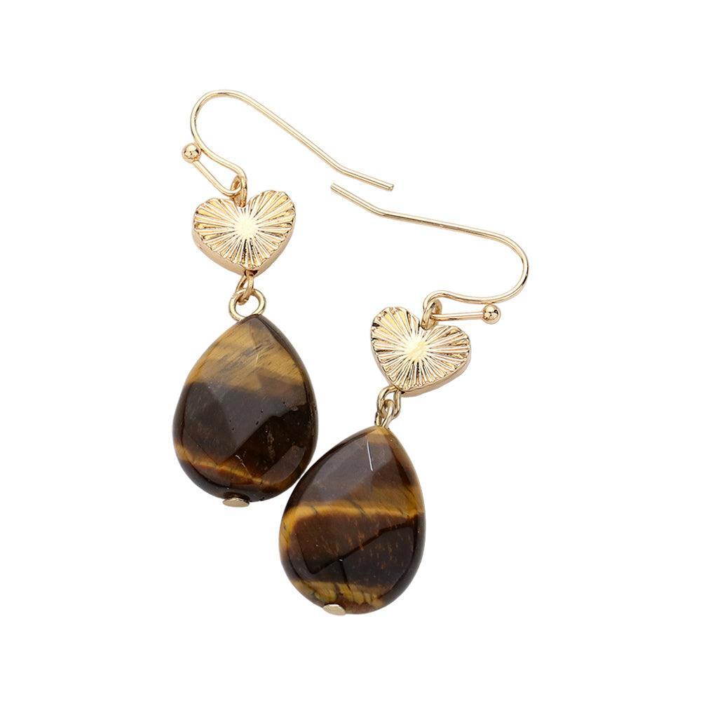 Brown Metal Heart Teardrop Natural Stone Link Dangle Earrings - Jewelry Store by Erik Rayo