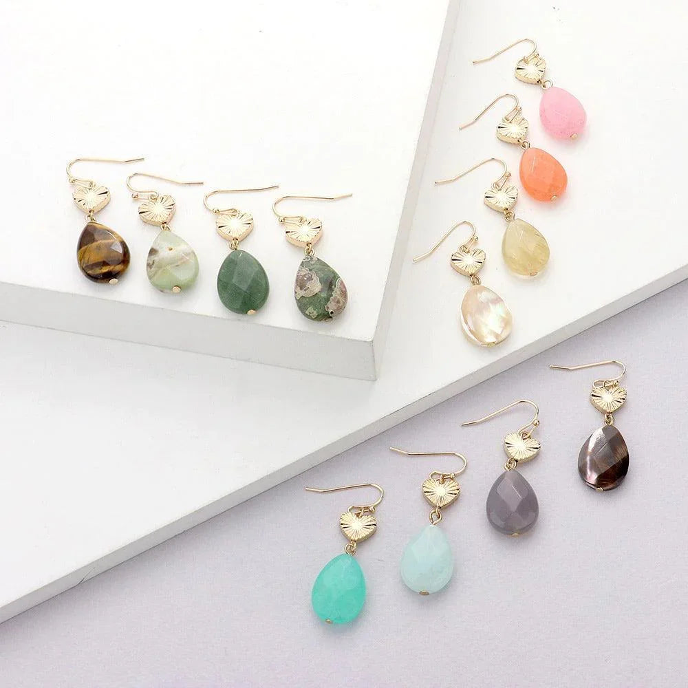Brown Metal Heart Teardrop Natural Stone Link Dangle Earrings - Jewelry Store by Erik Rayo