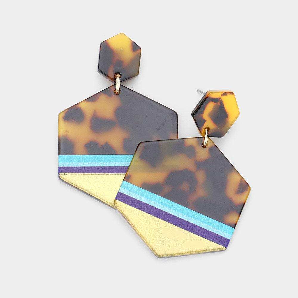 Blue Striped Celluloid Acetate Tortoise Hexagon Dangle Earrings - Jewelry Store by Erik Rayo